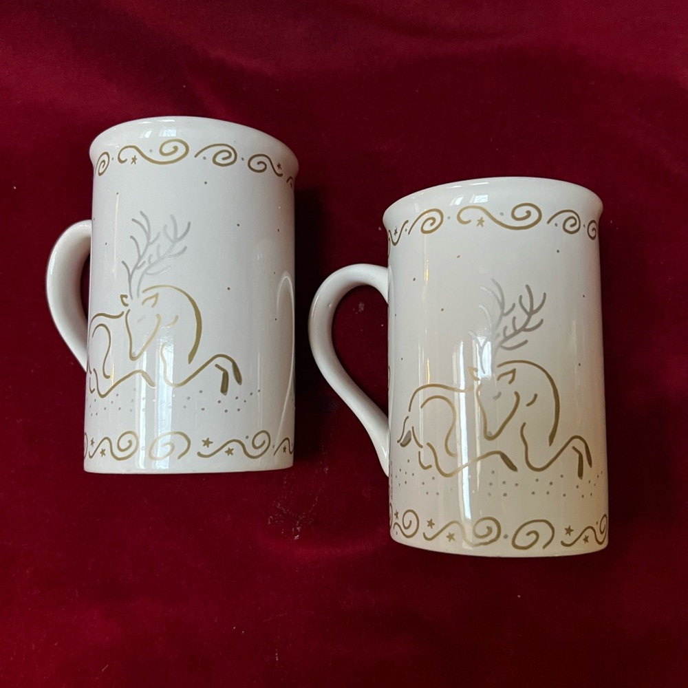 THINK GIFTS!! 2 - KIC Terri Fosson 10oz. Christmas Mug. Gold and Silver Reindeer